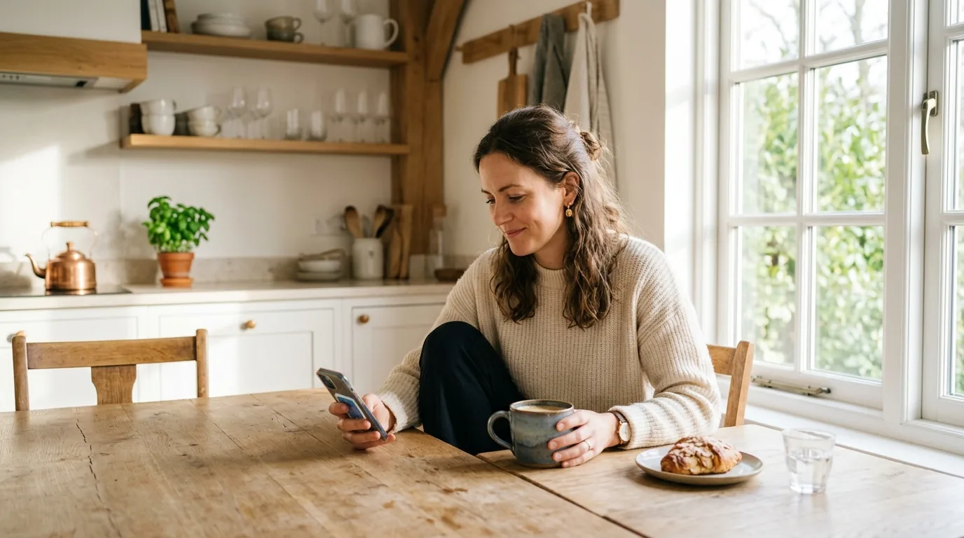 A person checking their home security camera app on a smartphone at the kitchen table